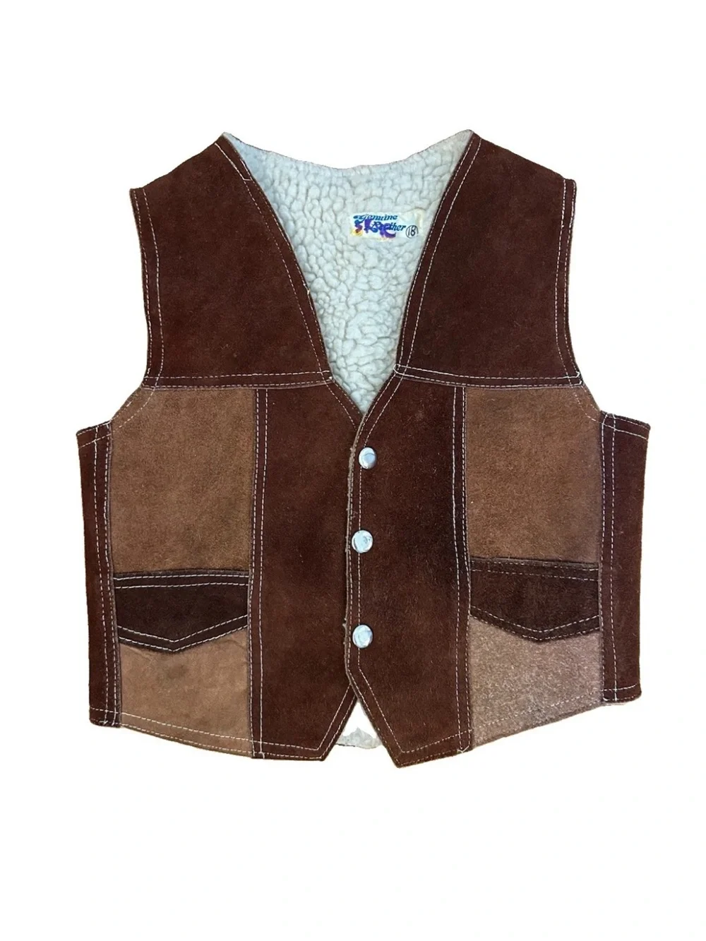 Vintage 70s Kids Suede Leather Sherpa Vest Western Patchwork Mexico Sz 18 M/L